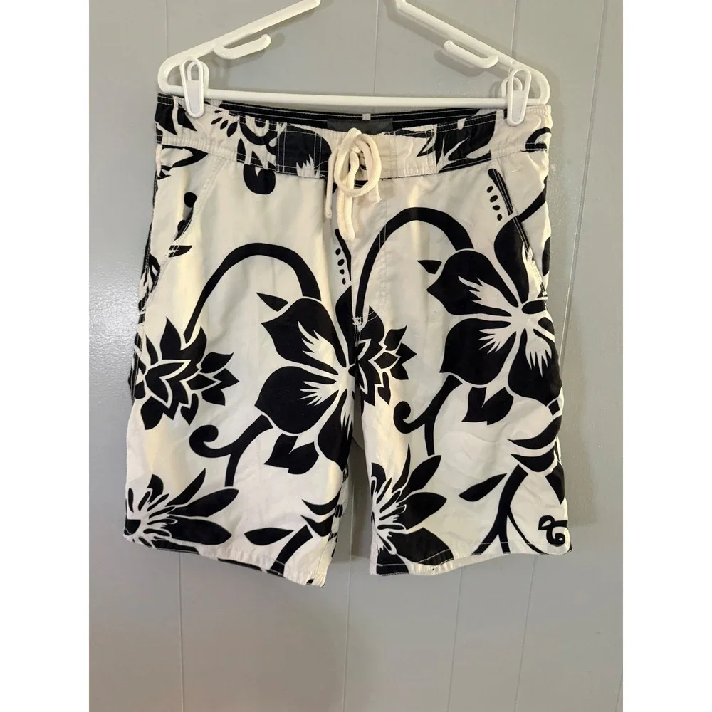 Old Navy Board Shorts Mens 32 Floral Hibiscus Black White Swim Trunks EUC